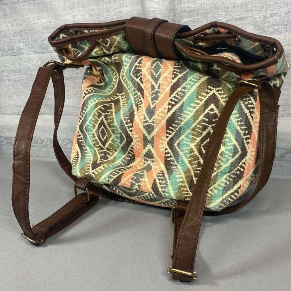 Unbranded Bucket‎ Bag Women Medium Multicolor Aztec Canvas Drawstring Backpack